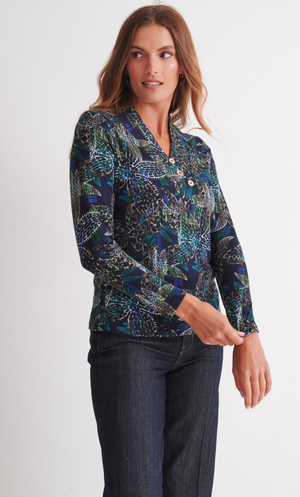 Botanical V-Neck Brushed Knit Jumper - Navy/Teal