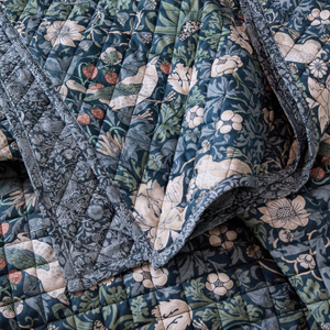 Midnight Strawberry Thief Quilted Bedspread Prussian Blue