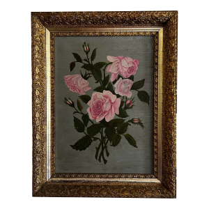 Antique Oil Painting of Pink Roses in Antique Ornate Gold Frame