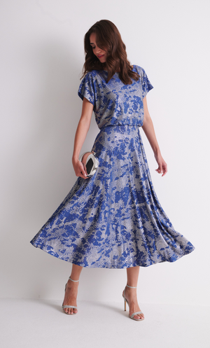Foil Printed Midaxi Dress - Blue/Silver