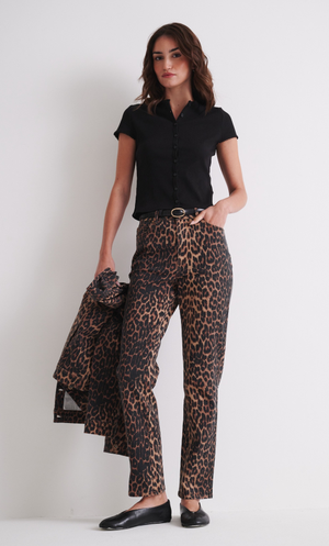 High Waisted Slim Leg Leopard Print Twill Jeans - Brown