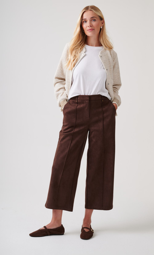 Wide Leg Suedette Cropped Trousers - Chocolate