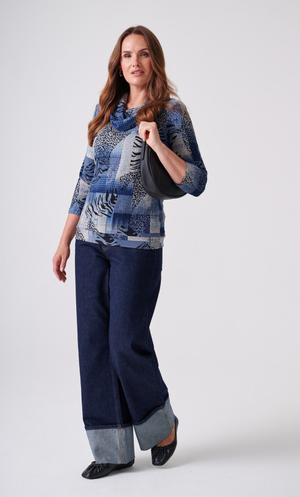 Anna Rose Abstract Print Cowl Neck Jumper - Blue Multi