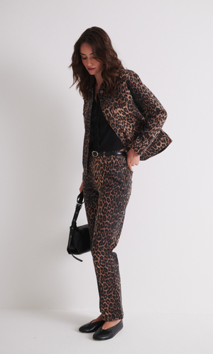 Leopard Print Twill Jacket - Brown