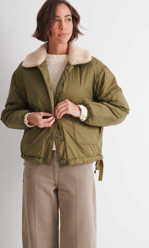 Padded Faux Fur Collar Jacket - Khaki