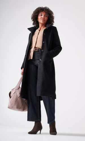 Funnel Neck Boucle Coat - Black