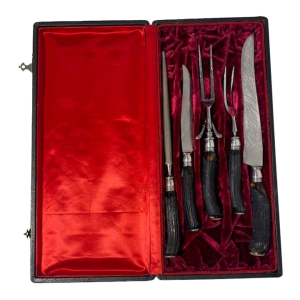 Vintage Antler Horn, Sterling Joints and Stainless C. Klauberg and Brothers 5 Piece Carving Set
