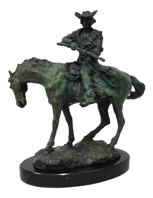 Vintage Bronze Sculpture of a Horse and Rider With a Gun by Silka