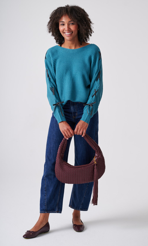 Ribbon Trim Batwing Knitted Jumper - Marine