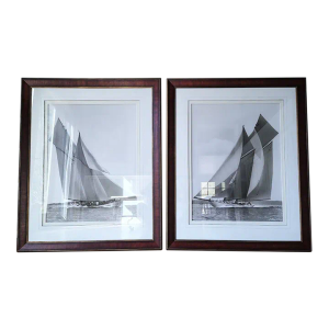 A Pair of Mahogany Framed Black and White Sail Boat Photophy