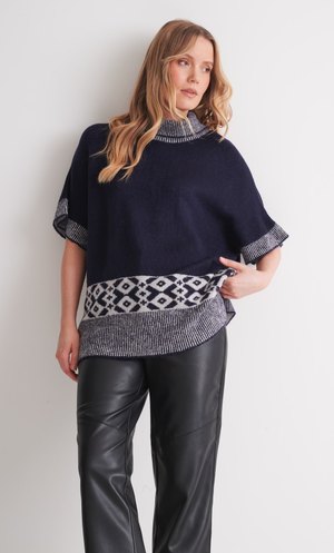 Contrast Rib Short Sleeve Knit Jumper - Navy/Grey