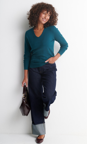 V Neck Rib Detail Jumper - Teal