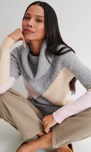 Anna Rose Embellished Diamond Cowl Neck Jumper - Grey Marl/Pink