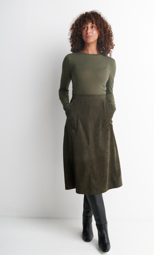 A-Line Cord Midi Skirt - Khaki