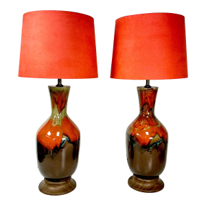 1960s Vintage Boho Chic Glazed Drip Ceramic Table Lamps - A Pair, New Shades.