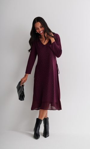 Anna Rose Embellished Lightweight Knitted V-Neck Dress - Mulberry