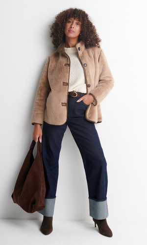 Faux Fur Button Front Jacket - Biscuit