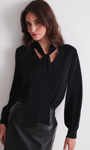 Silky Satin Tie Neck Blouse - Black