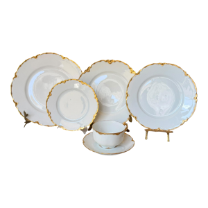 Antique Haviland Limoges European White & Gold Porcelain Dinnerware Set – Habsburg Austria & Racine Bavaria – - 43 pcs