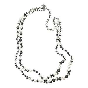 Chanel Black White Half Half 2 Strand Pearl Long Necklace