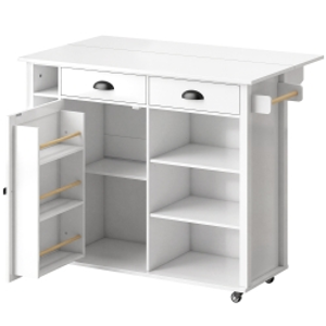 HOMCOM Isla de Cocina con Ruedas Tapa Abatible Estantes en la Puerta Toallero Armario 2 Cajones 117,5x70x91 cm Blanco