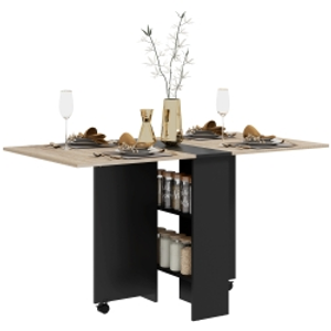 HOMCOM Folding Dining Table, Drop Leaf Table for Small Spaces with 2-tier Shelves, Small Kitchen Table with Rolling Casters, Oak and Black