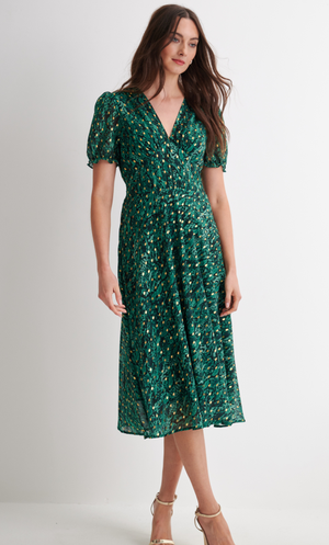 Shimmer Animal Print Midi Dress - Jade/Gold
