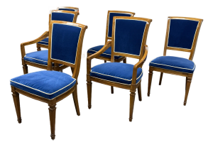 Heritage Neoclassical Blue Velvet Dining Chairs, Set of Six