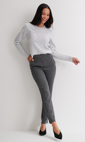 Anna Rose Striped Slim Leg Stretch Trousers - Charcoal/Ivory