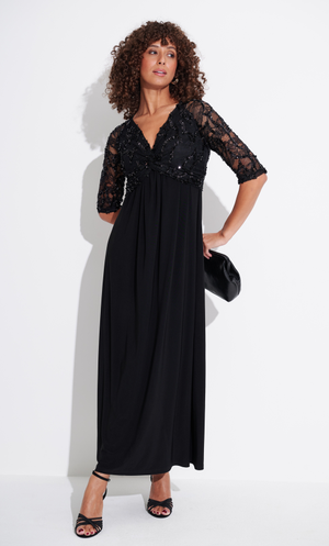 Sequin Lace Twist Front Maxi Dress - Black