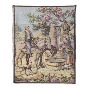 Large Aubusson Style Tapestry Belgium Circa 1920s Flowering Trees, Man With Horses, Woman at Well, and Dog