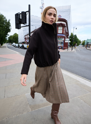 Vicky Pleated Wrap Skirt - UK 16 | EU 42 | US 12 / Neutral Puppytooth Check