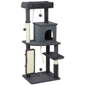 PawHut Árbol para Gatos Multinivel Alto 132 cm con Casita, Cama, Postes Rascadores, Cepillo y Bolita, Gris Oscuro