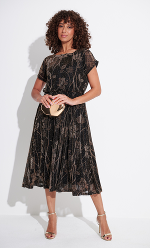 Embellished Floral Metallic Mesh Midi Dress - Black/Gold