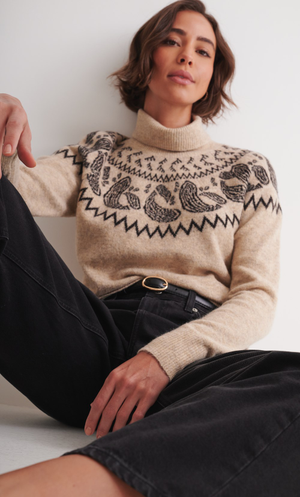 Patterned Raglan Roll Neck Jumper - Beige