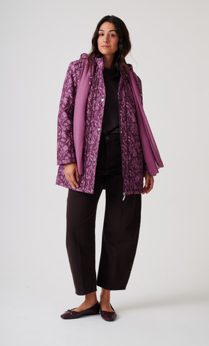 Anna Rose Hooded Floral Print Coat With Scarf - Damson