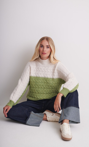 Cable Knit Colour Block Jumper - Ivory/Khaki