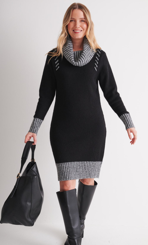 Cowl Neck Contrast Stitch Knit Dress - Black/Ivory