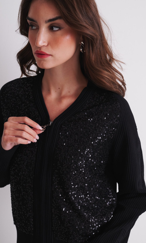 Sequin Front Zip Cardigan - Black