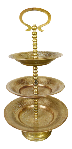 Vintage Solid Brass Hand Etched Three Tier Serving or Trinket Dish