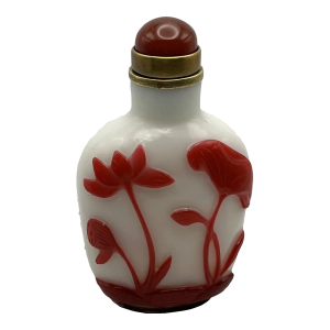Vintage Early 20th Century Opaline Beijing Glass Bottle With Red Glass Overlay of Lotus