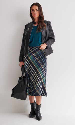 Check Bias Cut Midi Skirt - Navy/Teal