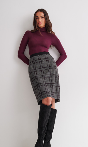 Knitted Check Jacquard Pull-On Skirt - Black/Burgundy