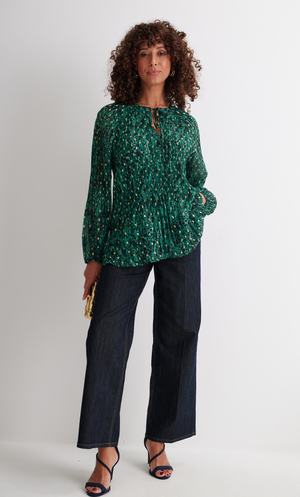 Shimmer Animal Print Pleated Blouse - Jade/Gold