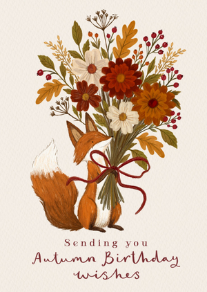 Moonpig Traditional Hand-Painted Fox Character With Autumn Flowers Birthday Card