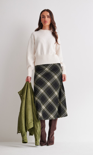 Bias Cut A-Line Check Midi Skirt - Black/Khaki