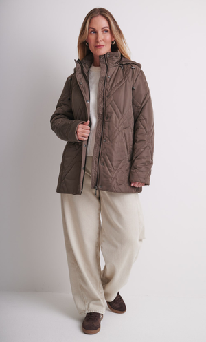 Anna Rose Satin Effect Quilted Hooded Coat - Mocha