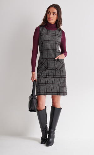 Knitted Check Jacquard Pinafore Dress - Black/Burgundy