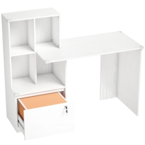HOMCOM Escritorio para Ordenador con Estantería de 4 Compartimentos y Cajón Archivador con Cerradura 126 x 50 x 109 cm Veta de Madera Blanca