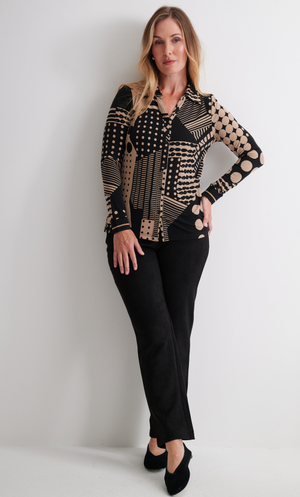 Anna Rose Printed Long Sleeve Stretch Blouse - Black/Tan